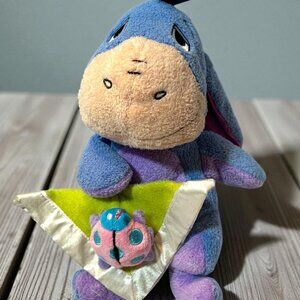 Disney Eeyore Plush Rattle Toy With Pink & Blue Satin Bows 10" Soft Baby Toy